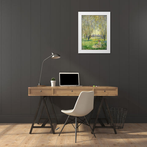 Woman Seated under the Willows White Modern Wood Framed Art Print by Monet, Claude