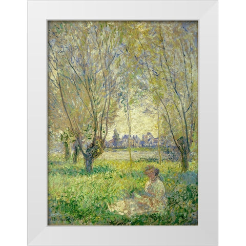 Woman Seated under the Willows White Modern Wood Framed Art Print by Monet, Claude