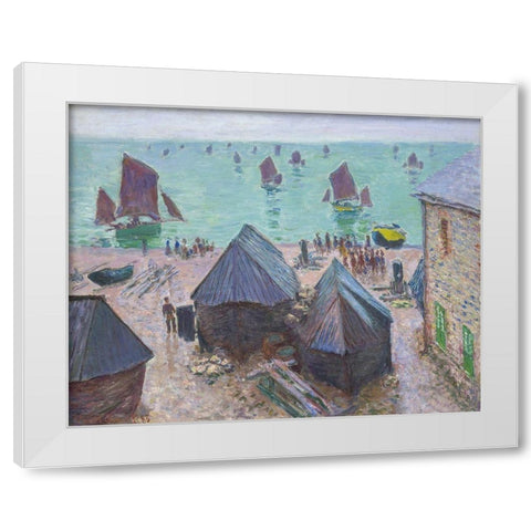 The Departure of the Boats, Ã‰tretat White Modern Wood Framed Art Print by Monet, Claude