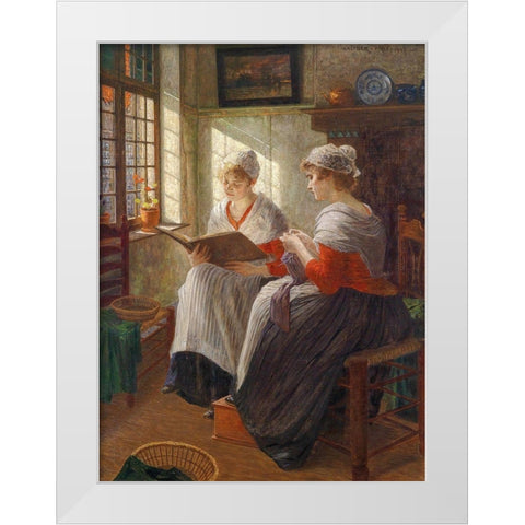 Two Girls at the Window White Modern Wood Framed Art Print by Firle, Walter