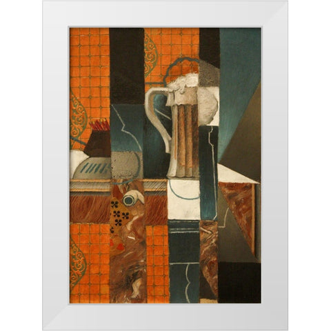 Playing Cards and Glass of Beer White Modern Wood Framed Art Print by Gris, Juan