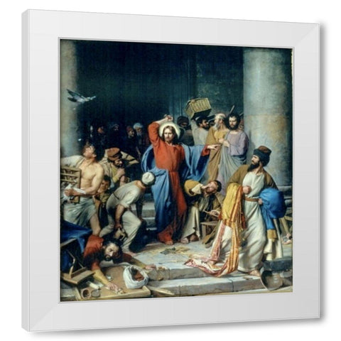 Jesus casting out the money changers at the temple White Modern Wood Framed Art Print by Bloch, Carl