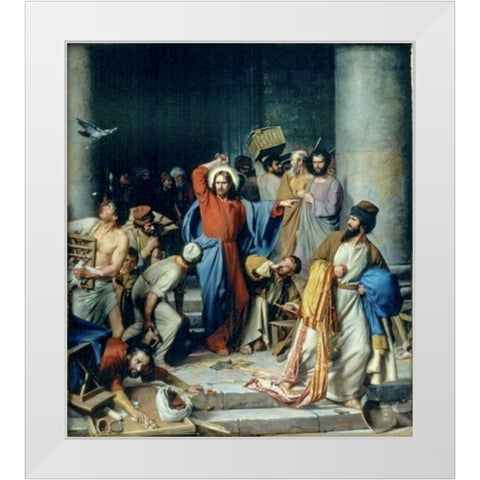 Jesus casting out the money changers at the temple White Modern Wood Framed Art Print by Bloch, Carl