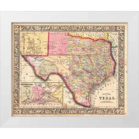 County Map Of Texas, 1864 White Modern Wood Framed Art Print by Mitchell, Samuel Augustus