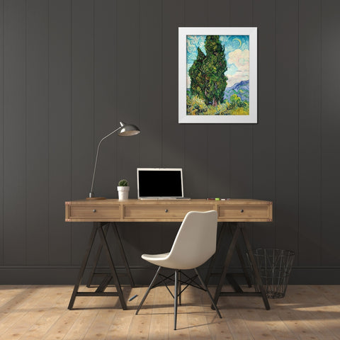 Cypresses (1889) White Modern Wood Framed Art Print by Van Gogh, Vincent