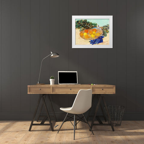 Still Life of Oranges and Lemons with Blue Gloves (1889) White Modern Wood Framed Art Print by Van Gogh, Vincent