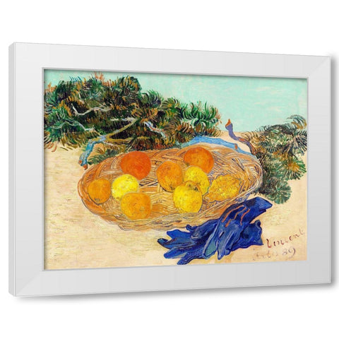 Still Life of Oranges and Lemons with Blue Gloves (1889) White Modern Wood Framed Art Print by Van Gogh, Vincent