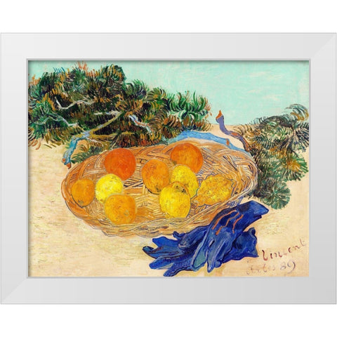 Still Life of Oranges and Lemons with Blue Gloves (1889) White Modern Wood Framed Art Print by Van Gogh, Vincent