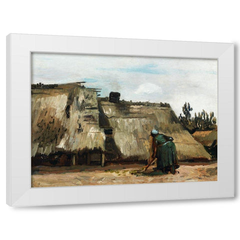 A Peasant Woman Digging in Front of Her Cottage (c.1885) White Modern Wood Framed Art Print by Van Gogh, Vincent