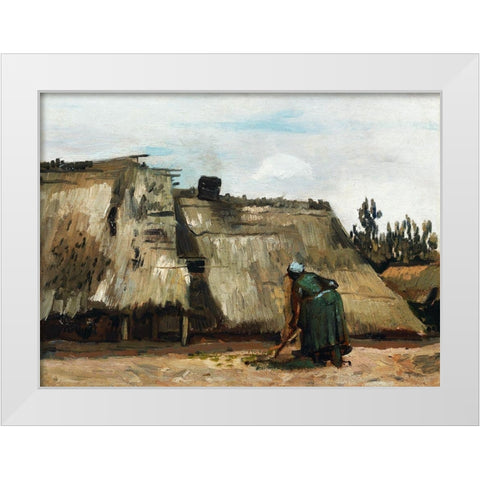 A Peasant Woman Digging in Front of Her Cottage (c.1885) White Modern Wood Framed Art Print by Van Gogh, Vincent