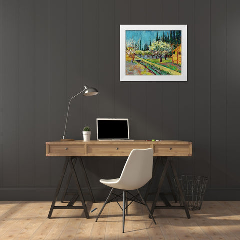 Orchard Bordered by Cypresses (1888) White Modern Wood Framed Art Print by Van Gogh, Vincent