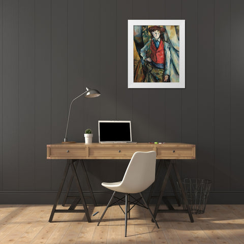 Boy in a Red Waistcoat White Modern Wood Framed Art Print by Cezanne, Paul