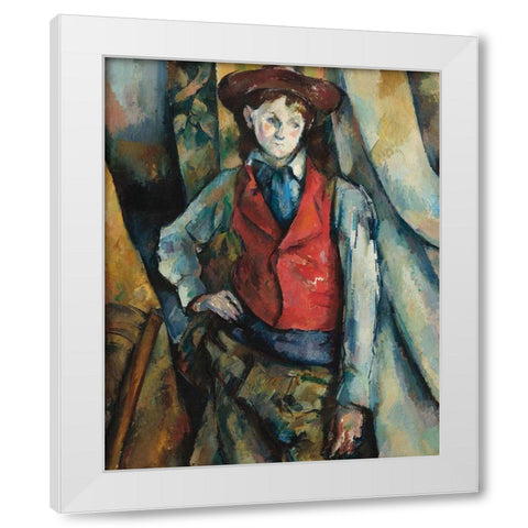 Boy in a Red Waistcoat White Modern Wood Framed Art Print by Cezanne, Paul