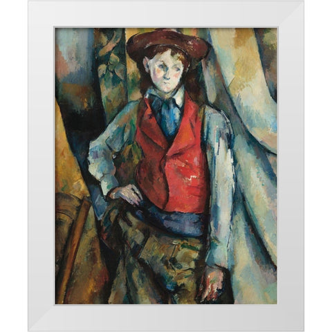 Boy in a Red Waistcoat White Modern Wood Framed Art Print by Cezanne, Paul