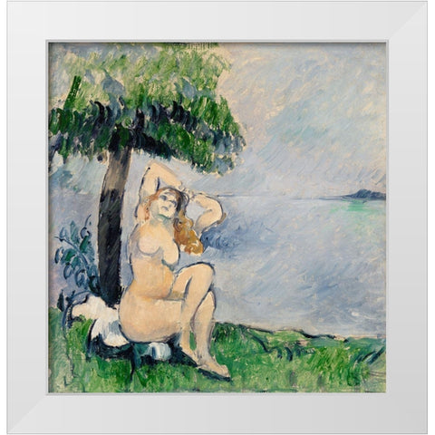 Bather at the Seashore White Modern Wood Framed Art Print by Cezanne, Paul