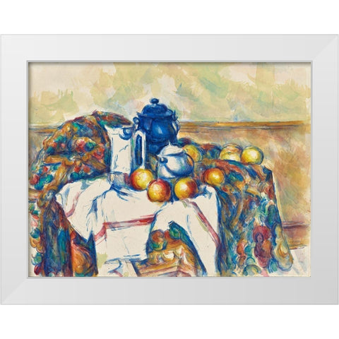 Still Life with Blue Pot White Modern Wood Framed Art Print by Cezanne, Paul