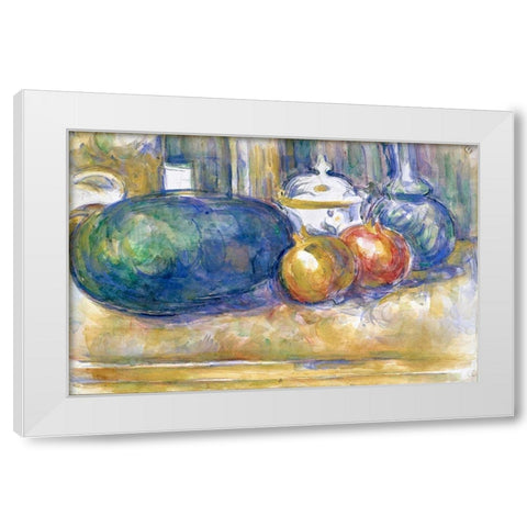 Still-Life with a Watermelon and Pomegranates White Modern Wood Framed Art Print by Cezanne, Paul