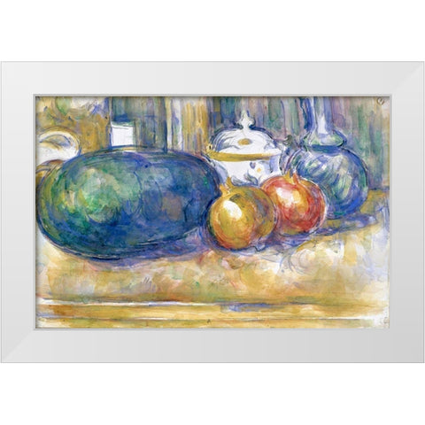 Still-Life with a Watermelon and Pomegranates White Modern Wood Framed Art Print by Cezanne, Paul