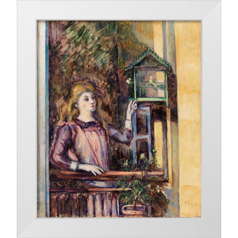Girl with Birdcage White Modern Wood Framed Art Print by Cezanne, Paul
