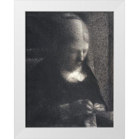 The Artistâ€™s Mother Doing Embroidery White Modern Wood Framed Art Print by Seurat, Georges