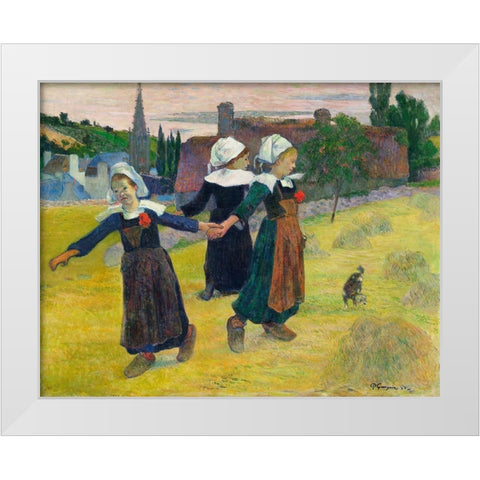 Breton Girls Dancing, Pont-Aven White Modern Wood Framed Art Print by Gauguin, Paul
