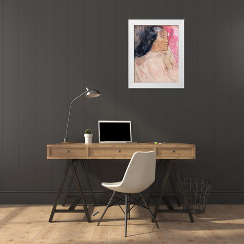 A Tahitian Woman with a Flower in Her Hair White Modern Wood Framed Art Print by Gauguin, Paul
