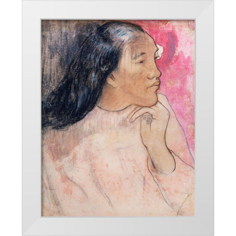 A Tahitian Woman with a Flower in Her Hair White Modern Wood Framed Art Print by Gauguin, Paul