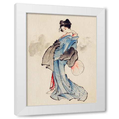 Woman, Full-Length Portrait, Wearing Kimono with Check Design White Modern Wood Framed Art Print by Hokusai, Katsushika