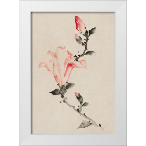 Large Pink Blossom on a Stem with Three Additional Buds White Modern Wood Framed Art Print by Hokusai, Katsushika