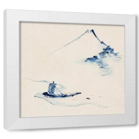 A Person in a Small Boat on a River with Mount Fuji in the BackgroundÂ  White Modern Wood Framed Art Print by Hokusai, Katsushika