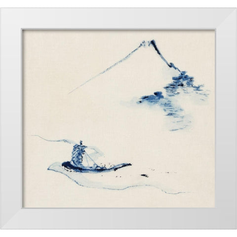 A Person in a Small Boat on a River with Mount Fuji in the BackgroundÂ  White Modern Wood Framed Art Print by Hokusai, Katsushika