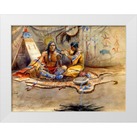 Indian Beauty Parlor White Modern Wood Framed Art Print by Russell, Charles Marion