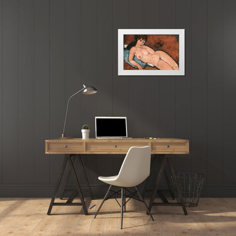 Nude on a Blue Cushion White Modern Wood Framed Art Print by Modigliani, Amedeo