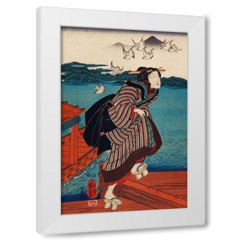 Sanbashi no Onna White Modern Wood Framed Art Print by Kuniyoshi, Utagawa