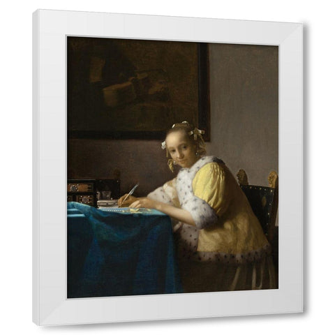 A Lady Writing a Letter White Modern Wood Framed Art Print by Vermeer, Johannes