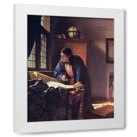 The Geographer White Modern Wood Framed Art Print by Vermeer, Johannes