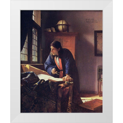 The Geographer White Modern Wood Framed Art Print by Vermeer, Johannes