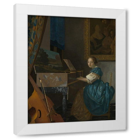 Lady Seated at a Virginal White Modern Wood Framed Art Print by Vermeer, Johannes