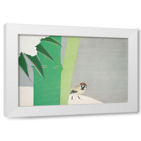 Sparrow from Momoyogusa White Modern Wood Framed Art Print by Sekka, Kamisaka