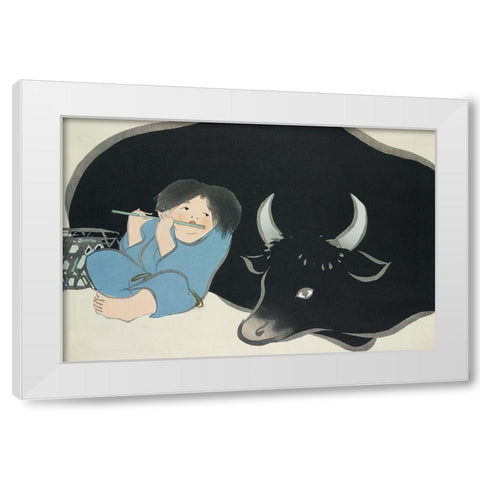 Flute player from Momoyogusa White Modern Wood Framed Art Print by Sekka, Kamisaka