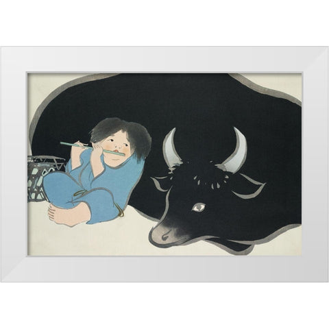 Flute player from Momoyogusa White Modern Wood Framed Art Print by Sekka, Kamisaka