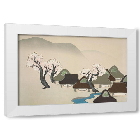 Village with cherry blossoms from Momoyogusa White Modern Wood Framed Art Print by Sekka, Kamisaka