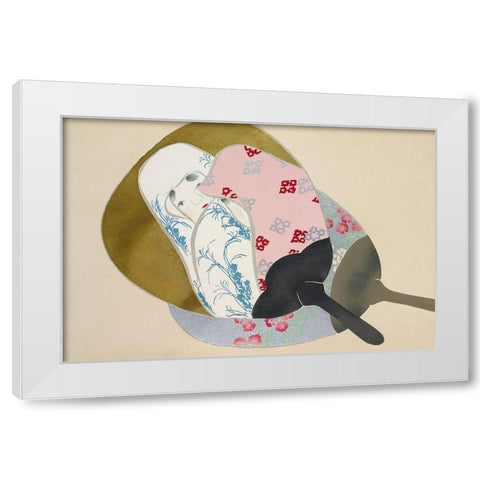 Girl in fan from Momoyogusa White Modern Wood Framed Art Print by Sekka, Kamisaka