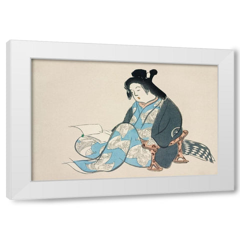 Reading lady from Momoyogusa White Modern Wood Framed Art Print by Sekka, Kamisaka