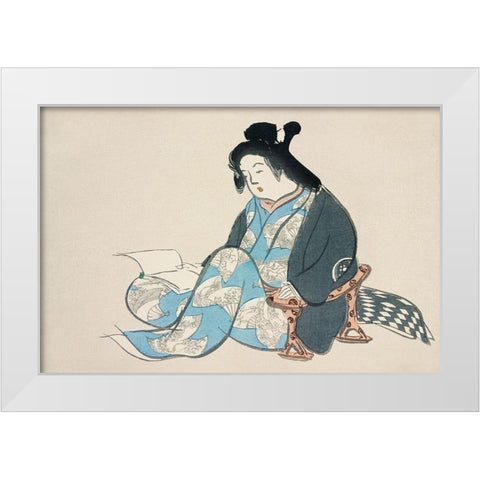 Reading lady from Momoyogusa White Modern Wood Framed Art Print by Sekka, Kamisaka