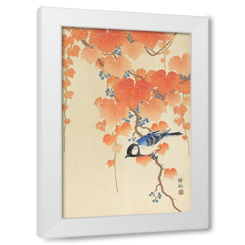 Great tit on paulownia branch White Modern Wood Framed Art Print by Koson, Ohara