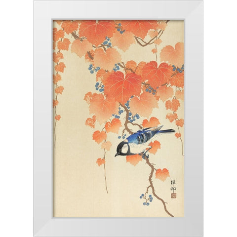 Great tit on paulownia branch White Modern Wood Framed Art Print by Koson, Ohara