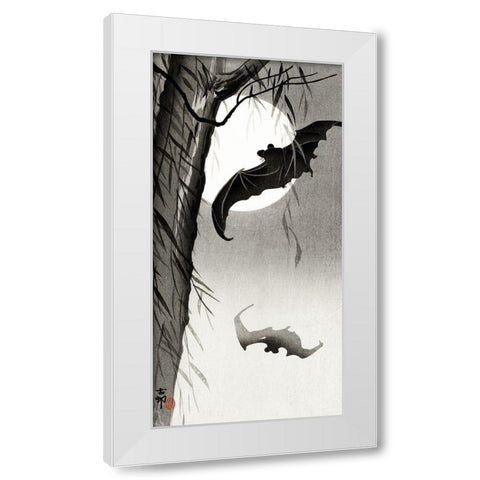 Bats under the full moon White Modern Wood Framed Art Print by Koson, Ohara