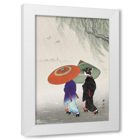 Two women in the rain White Modern Wood Framed Art Print by Koson, Ohara