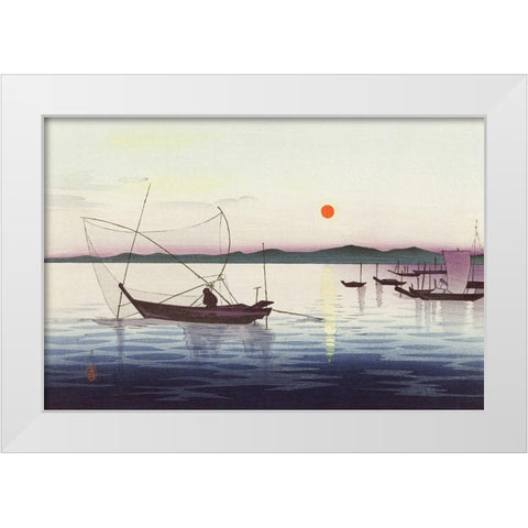 Boats and setting sun White Modern Wood Framed Art Print by Koson, Ohara